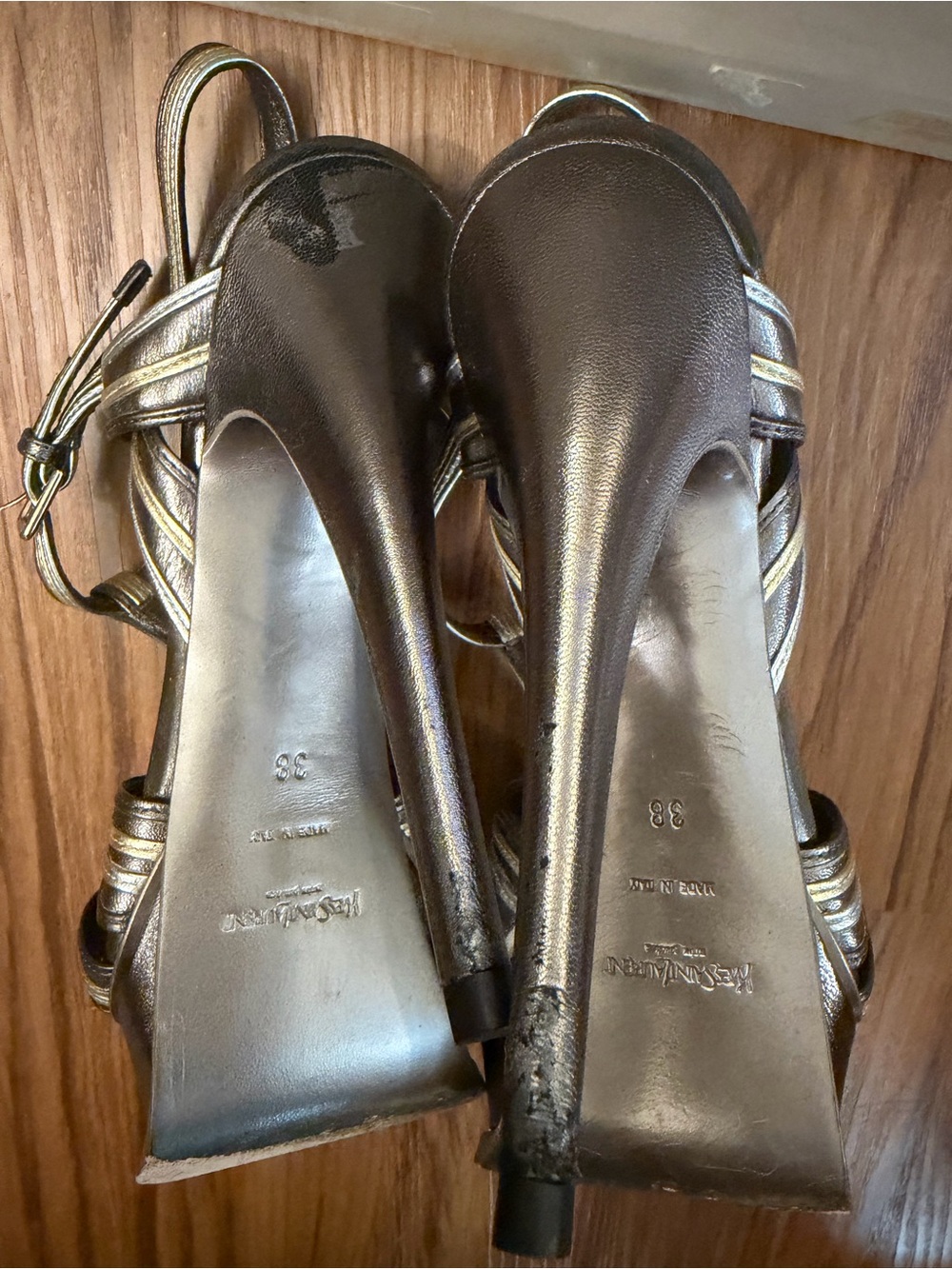 YSL Saint Laurent Tribute Metallic Silver and Gold Knotted Platform Heels 38 - Picture 7 of 10